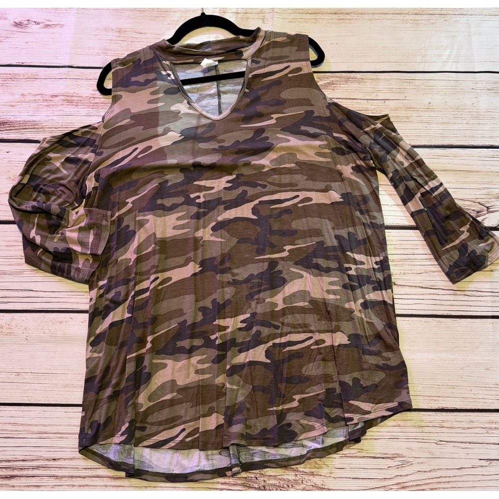 Lovely J Camo Cold Shoulder Choker Neck Top Green Brown 3XL